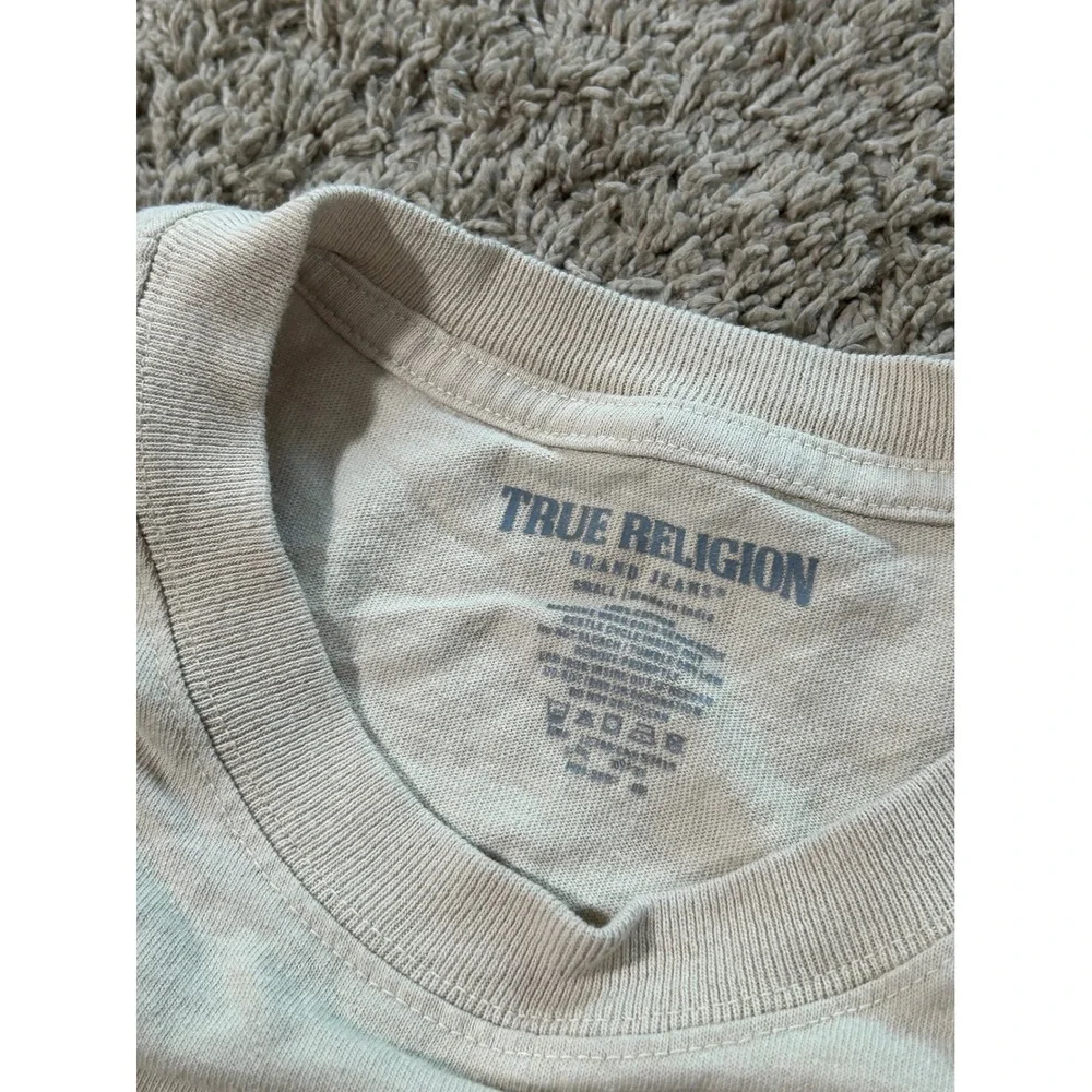 True Religion Mens Tan Buddha Guitar Graphic T-Shirt Horseshoe Logo Small Beige